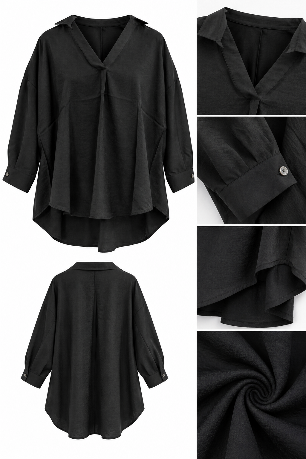 Siyah V Yaka Asimetrik Kesim Oversize Kadın Bluz