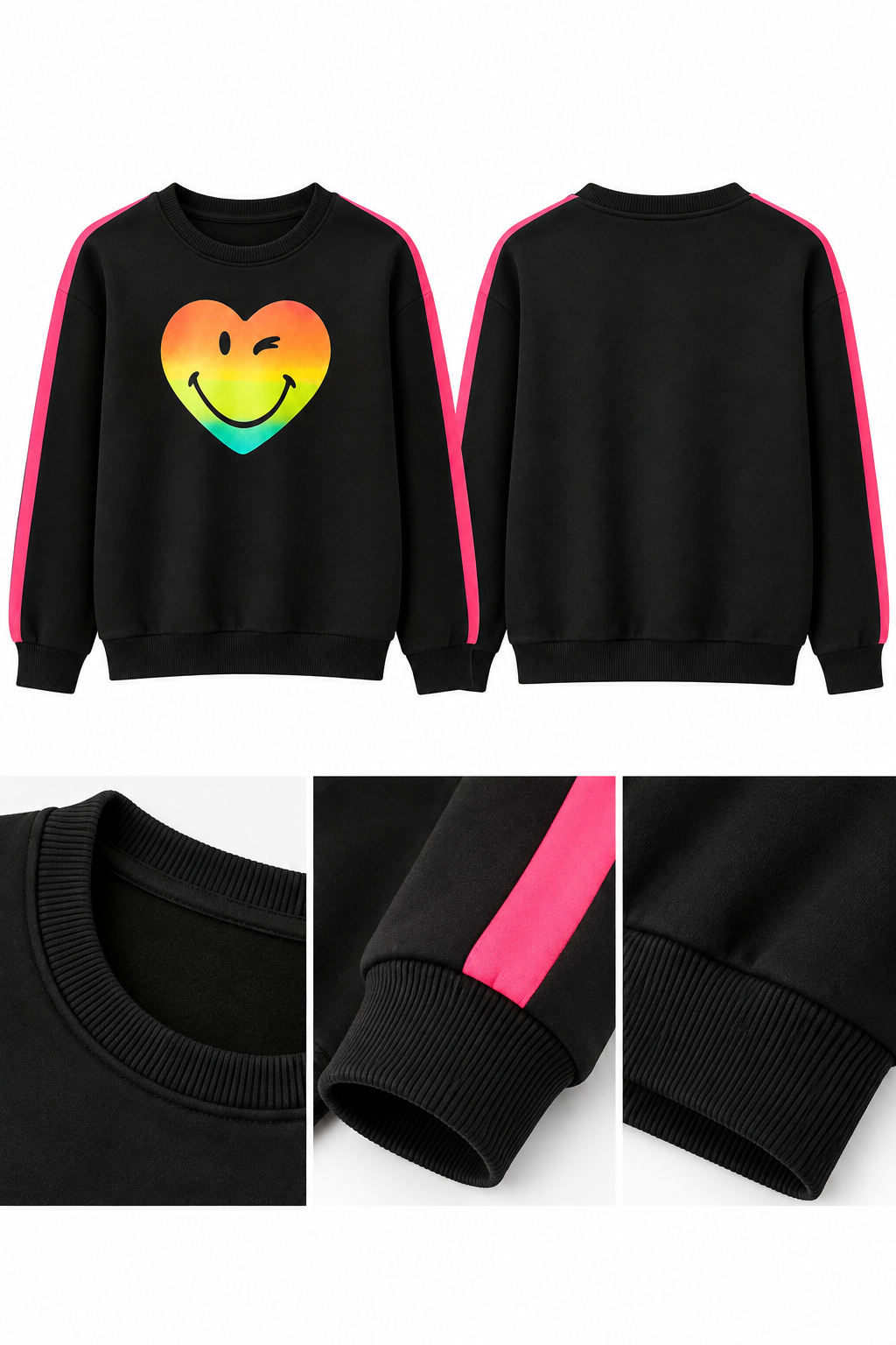 Kız Çocuk Kalp Emoji Baskılı Siyah Sweatshirt
