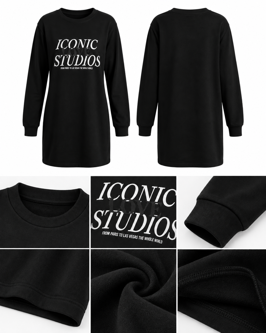 Büyük Beden Iconic Baskılı Siyah Uzun Tunik Sweatshirt