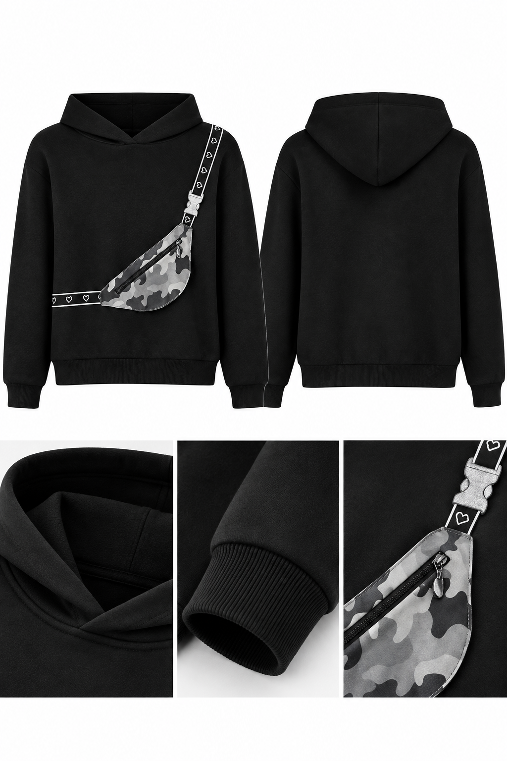 Kız Çocuk Kamuflaj Çanta Detaylı Siyah Kapüşonlu Sweatshirt