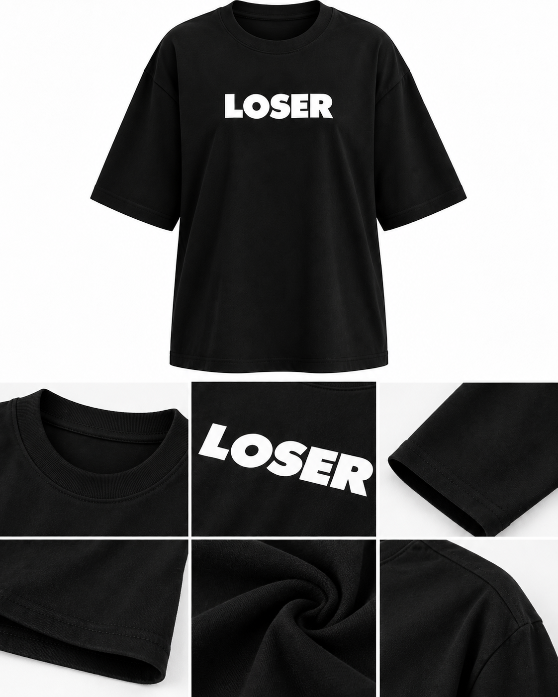 Heavyweight Black Embroidered Detail Extra Oversize Unisex T-Shirt