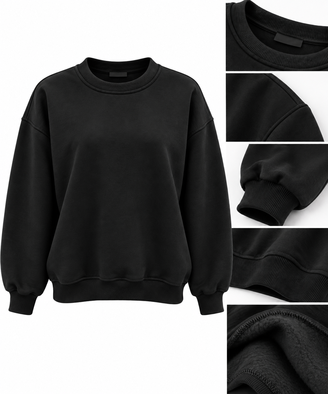 Siyah 3 İplik Şardonlu Bisiklet Yaka Kadın Sweatshirt