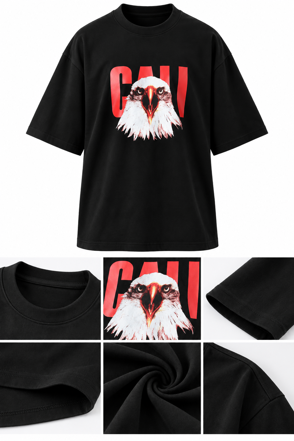 Yüksek Gramajlı Siyah Kartal Baskı Detaylı Extra Oversize Unisex T-Shirt