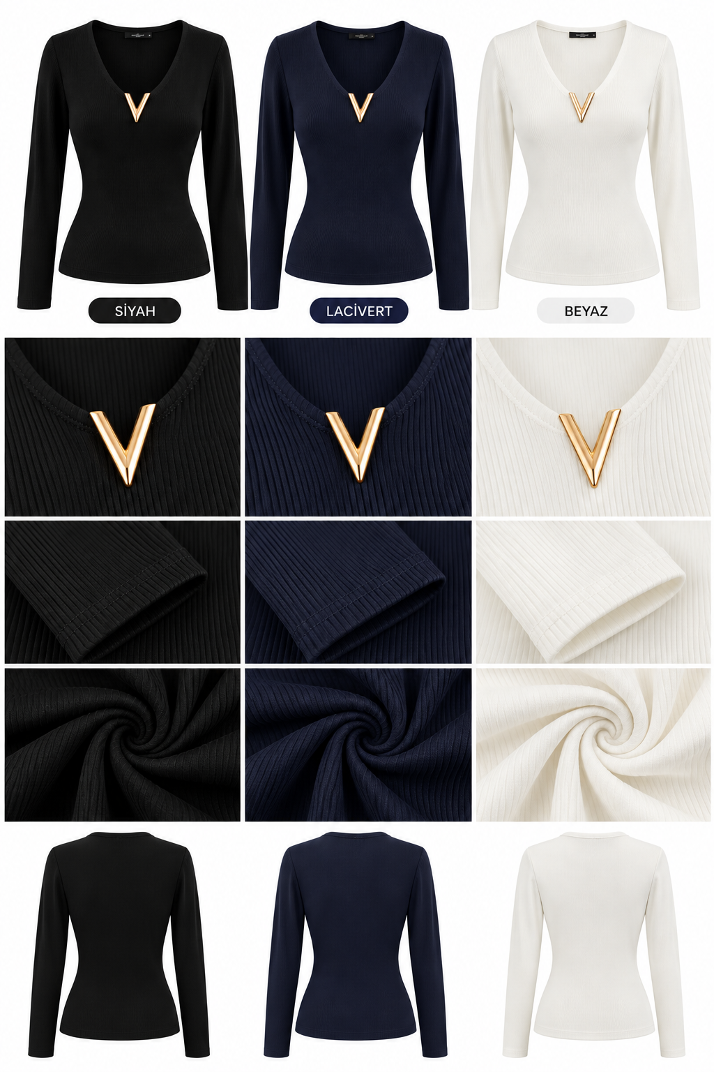 3 Adet V Yaka Gol Detaylı Bluz Paketi