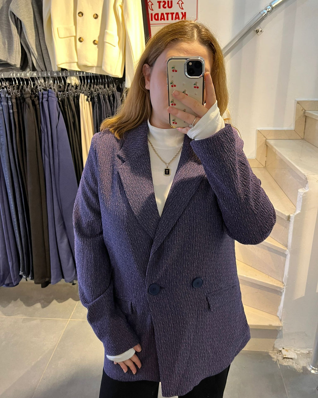 Purple Tweed Fabric Long Blazer Jacket