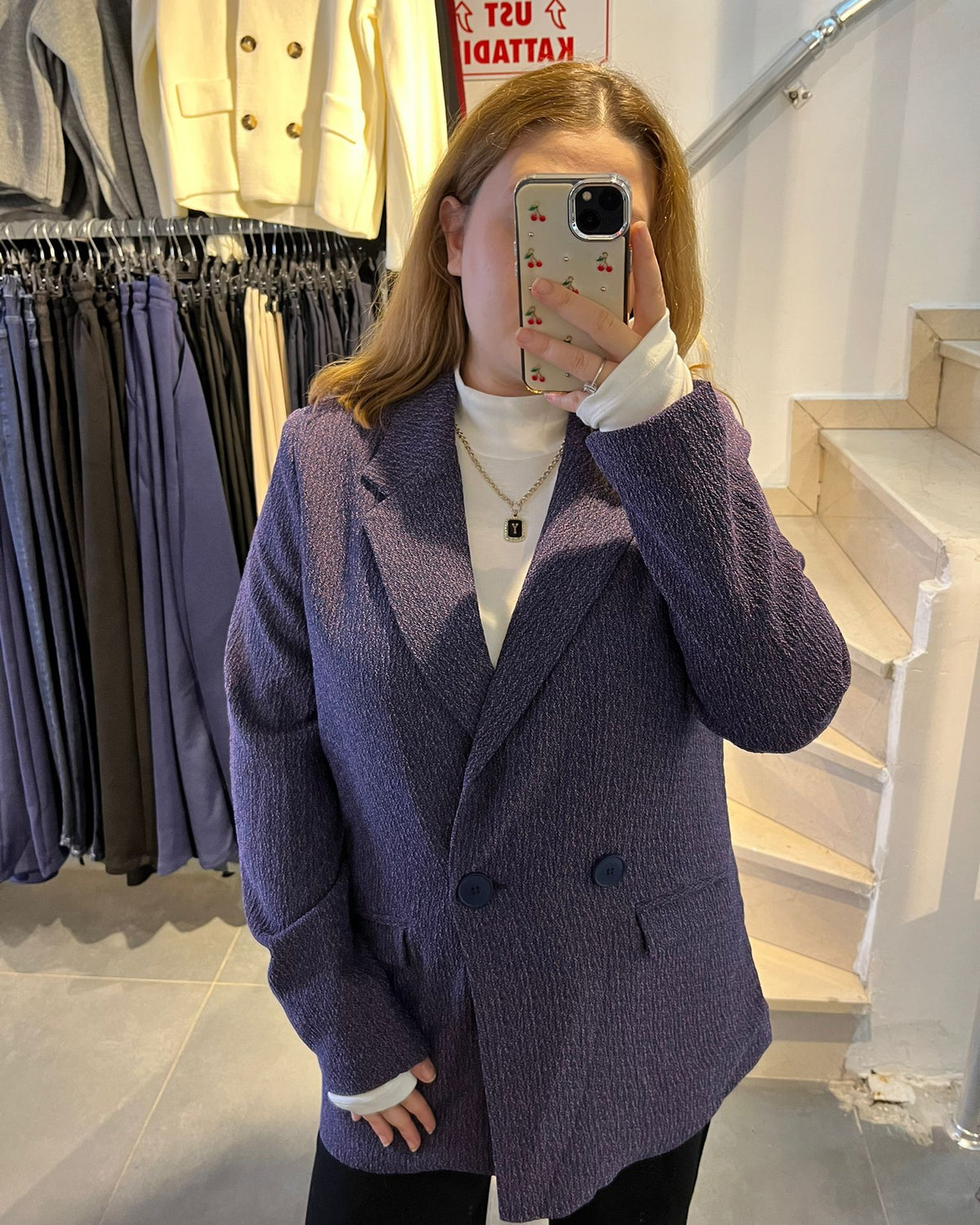 Purple Tweed Fabric Long Blazer Jacket