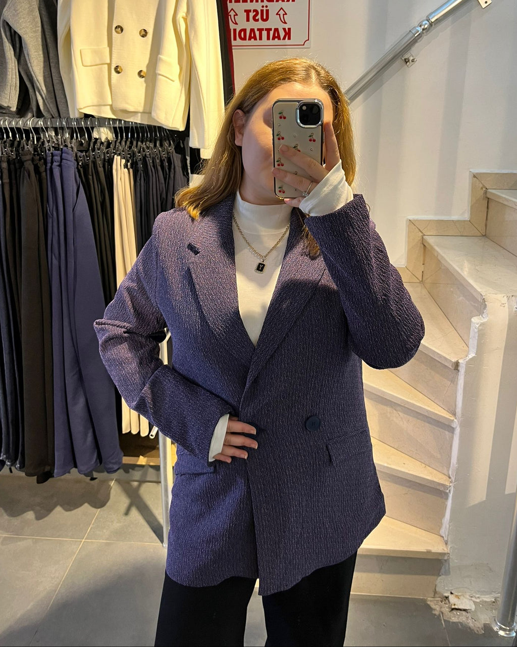 Purple Tweed Fabric Long Blazer Jacket