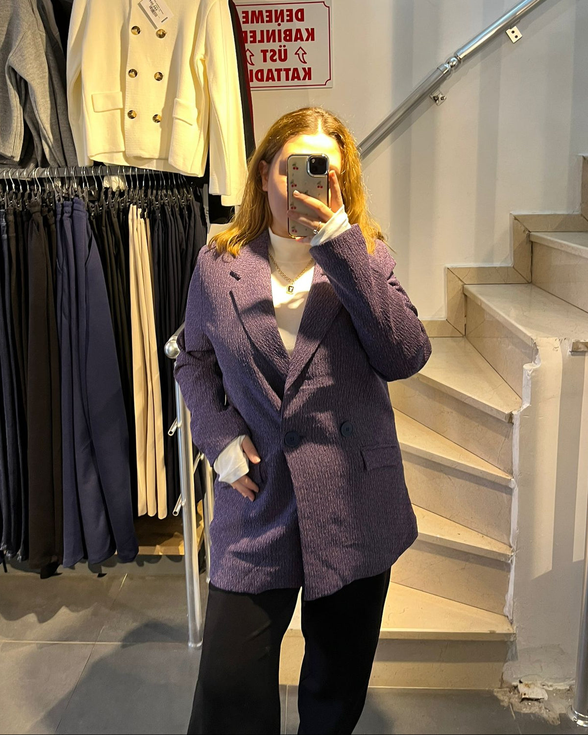 Purple Tweed Fabric Long Blazer Jacket