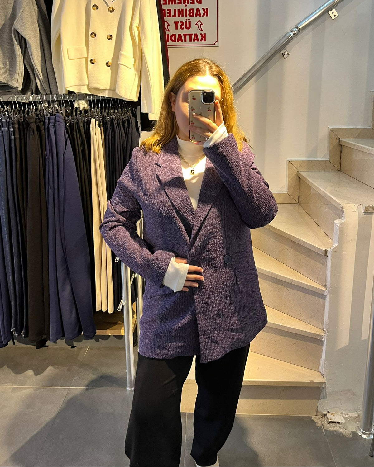 Purple Tweed Fabric Long Blazer Jacket