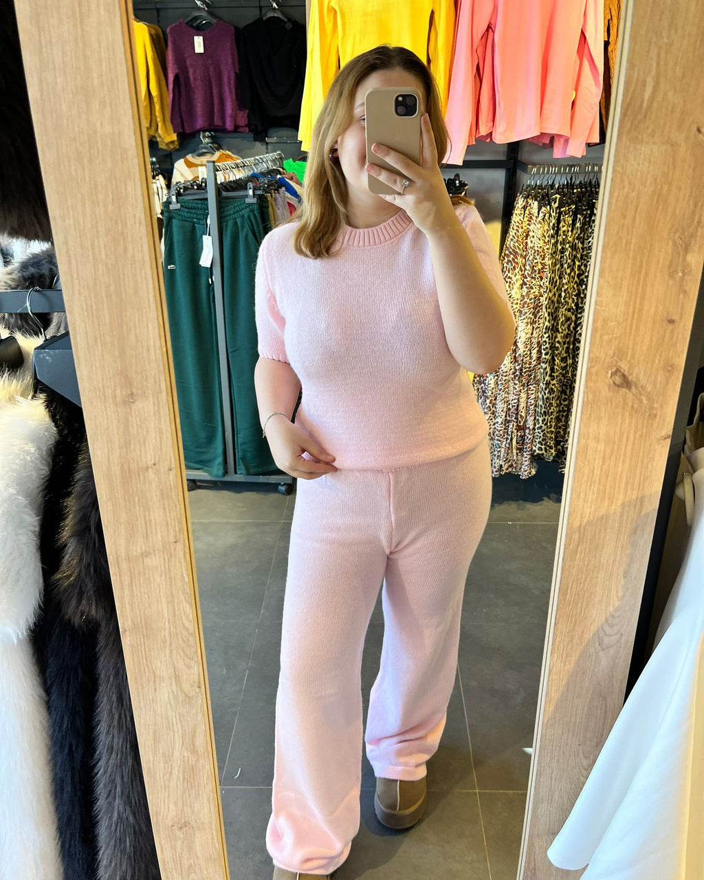 Pembe Renk Kısa Kol Kadın İkili Triko Takım