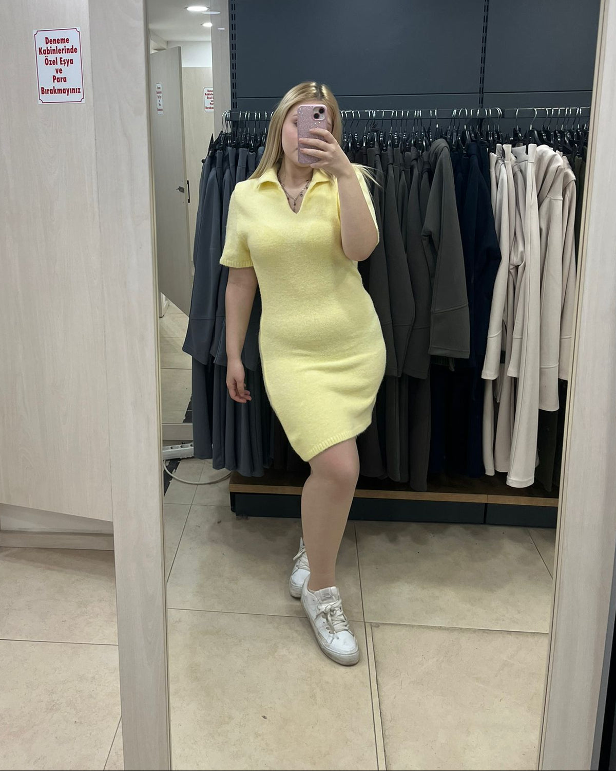Sarı Yumoş Kısa Kol Kısa Triko Elbise