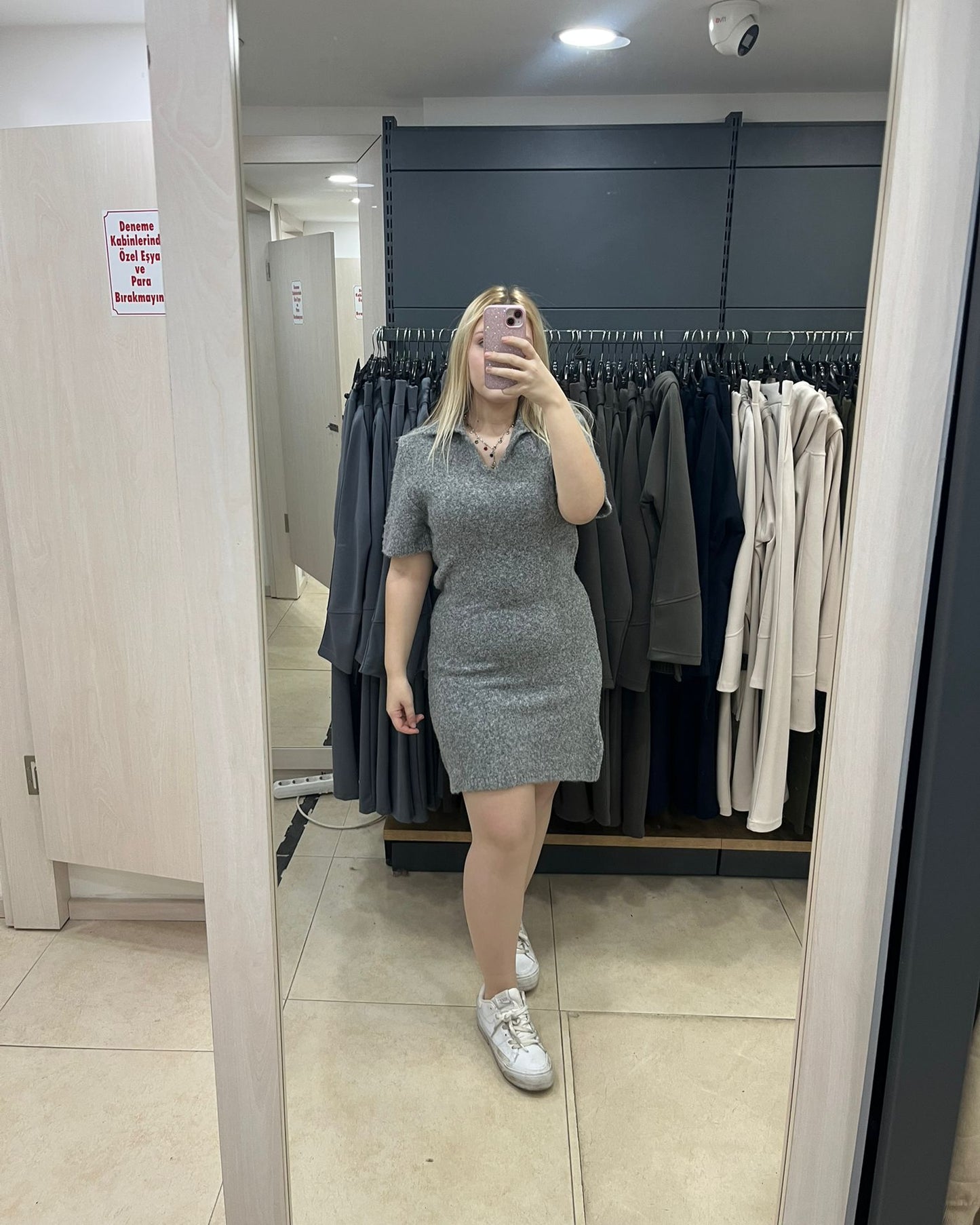 Gri Yumoş Kısa Kol Kısa Triko Elbise