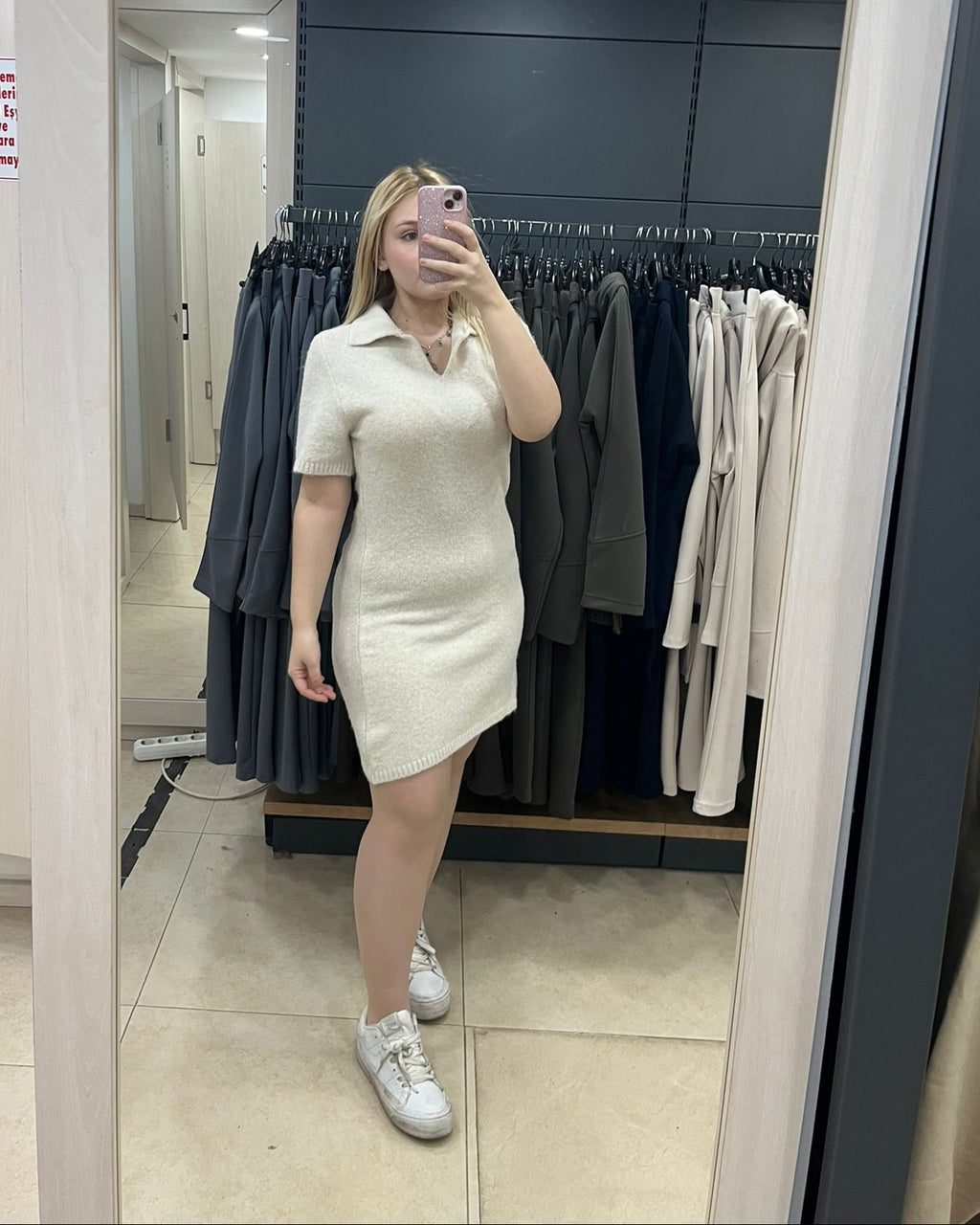Beige Yumoş Short-Sleeve Knit Dress