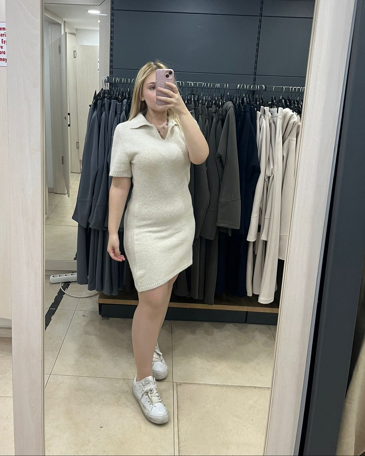 Beige Yumoş Short-Sleeve Knit Dress