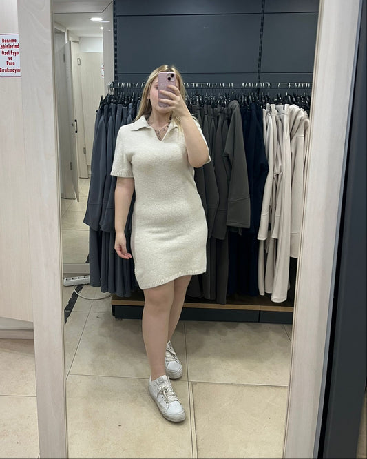 Bej Yumoş Kısa Kol Kısa Triko Elbise