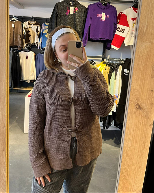 Acı Kahve Düğme Detaylı Kadın Hırka