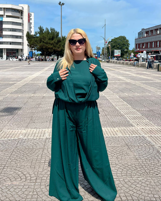 Haki Renk Tensel Kumaş Kruvaze Detaylı Etek Pantolon Kadın Takım