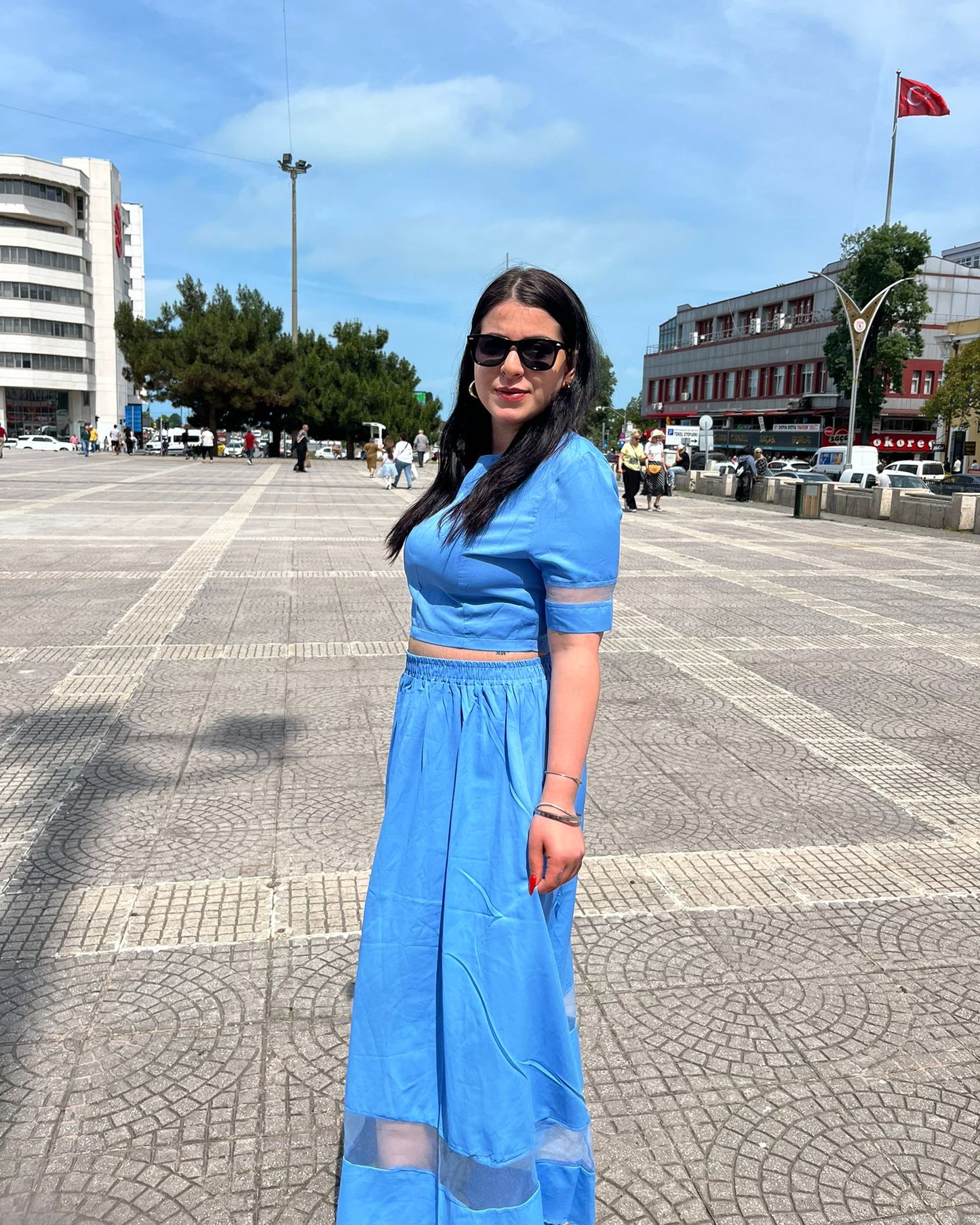 Tül Detaylı Mavi Kadın Takım