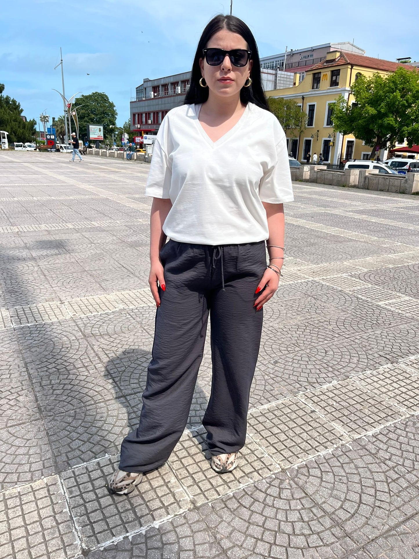 Gri Tensel Kumaş Palazzo Kadın Pantolon