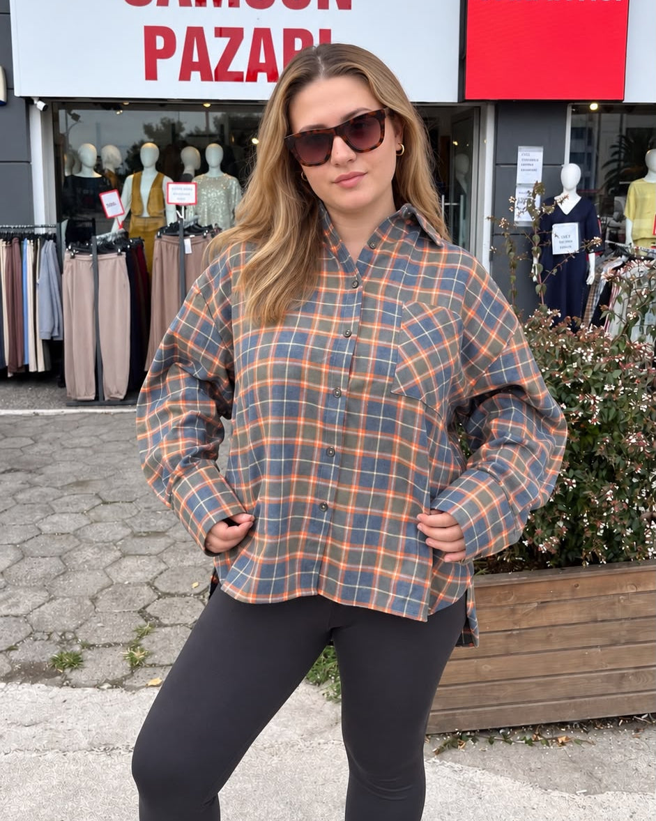 Orange Women's Shirt with Plaid Detail