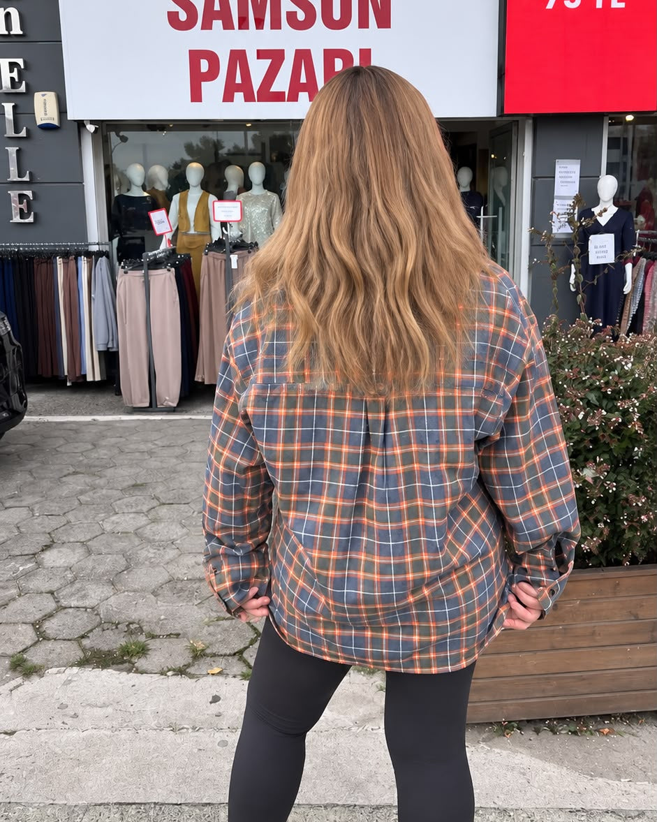 Orange Women's Shirt with Plaid Detail