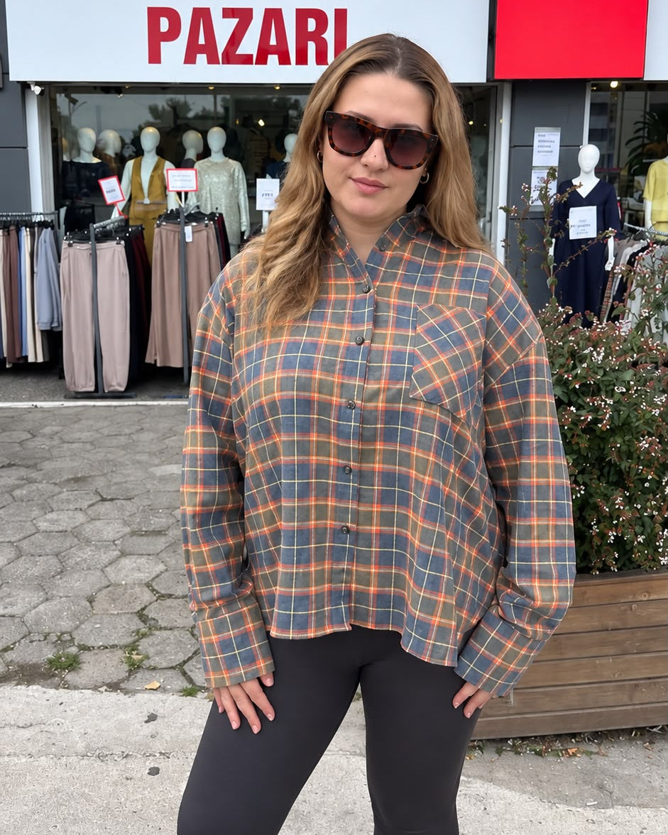 Orange Women's Shirt with Plaid Detail