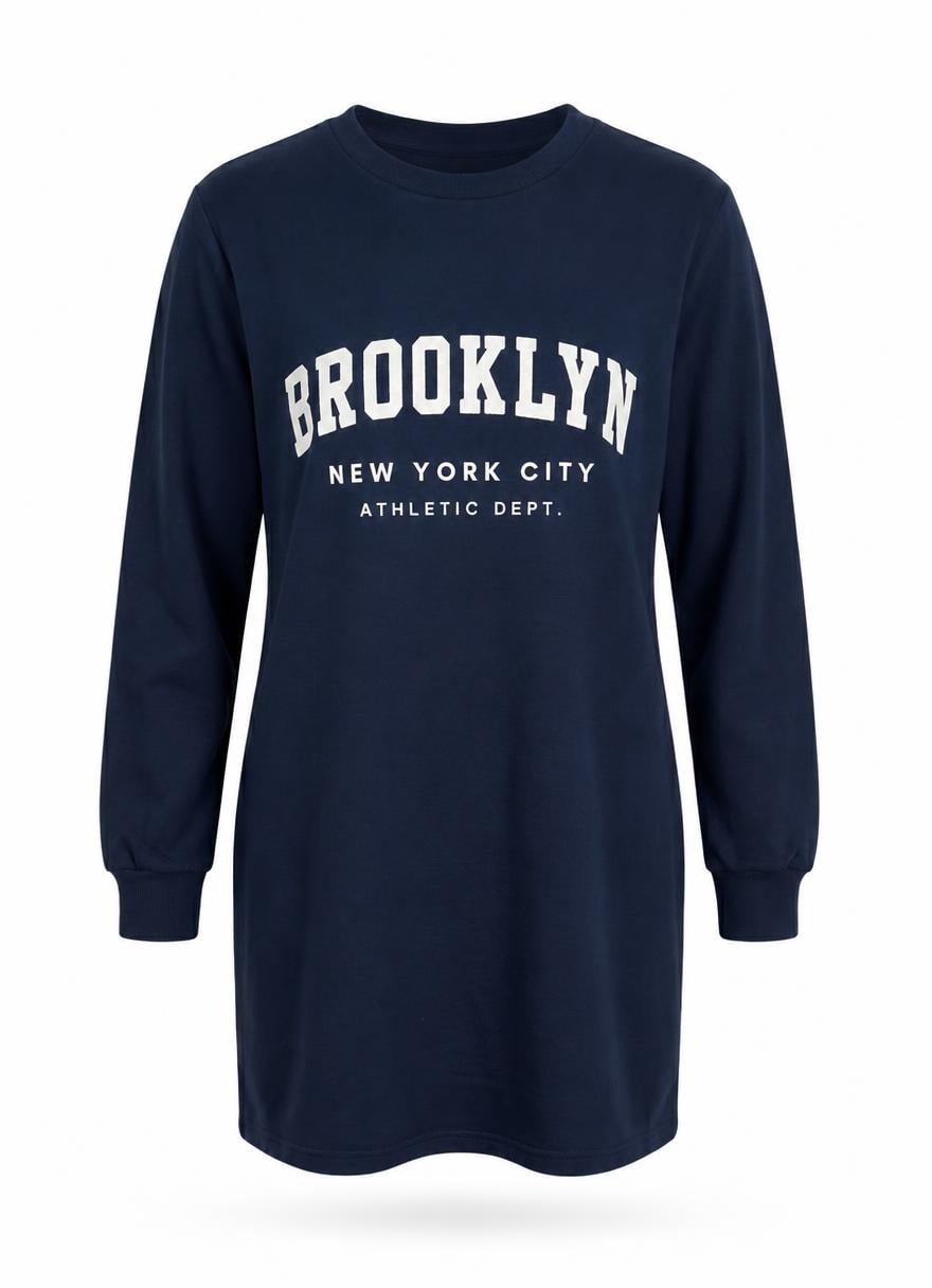 Lacivert Brooklyn Baskılı Uzun Tunik Sweatshirt