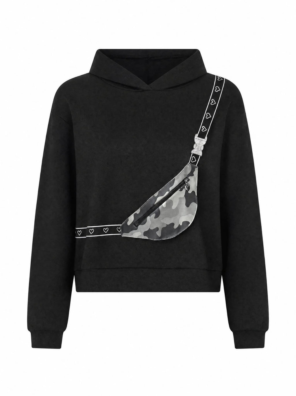 Kız Çocuk Kamuflaj Çanta Detaylı Siyah Kapüşonlu Sweatshirt