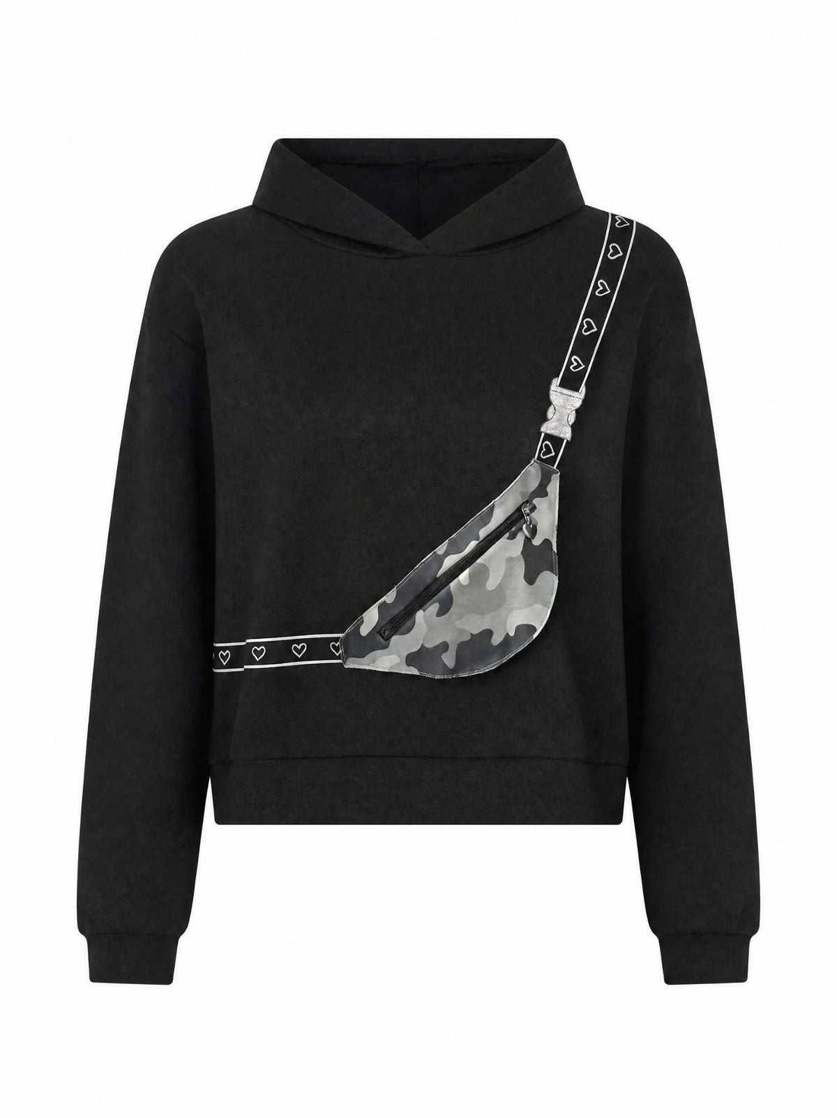 Kız Çocuk Kamuflaj Çanta Detaylı Siyah Kapüşonlu Sweatshirt