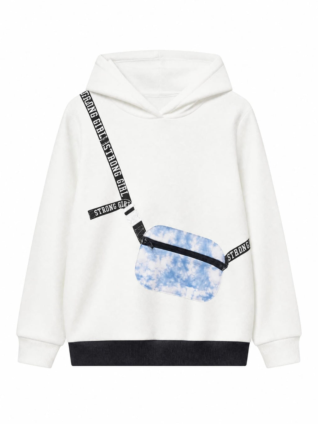 Kız Çocuk Strong Girl Çanta Detaylı Beyaz Kapüşonlu Sweatshirt
