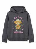 Kız Çocuk Happy Howlidays Köpek Baskılı Antrasit Kapüşonlu Sweatshirt