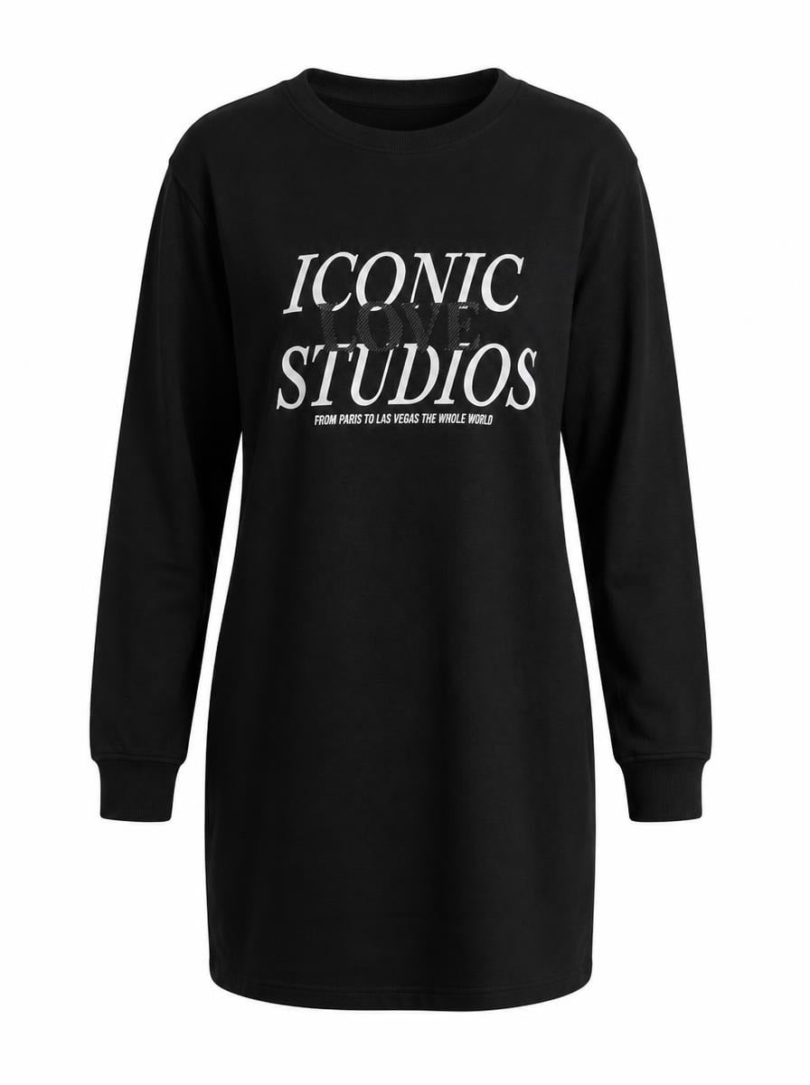 Büyük Beden Iconic Baskılı Siyah Uzun Tunik Sweatshirt