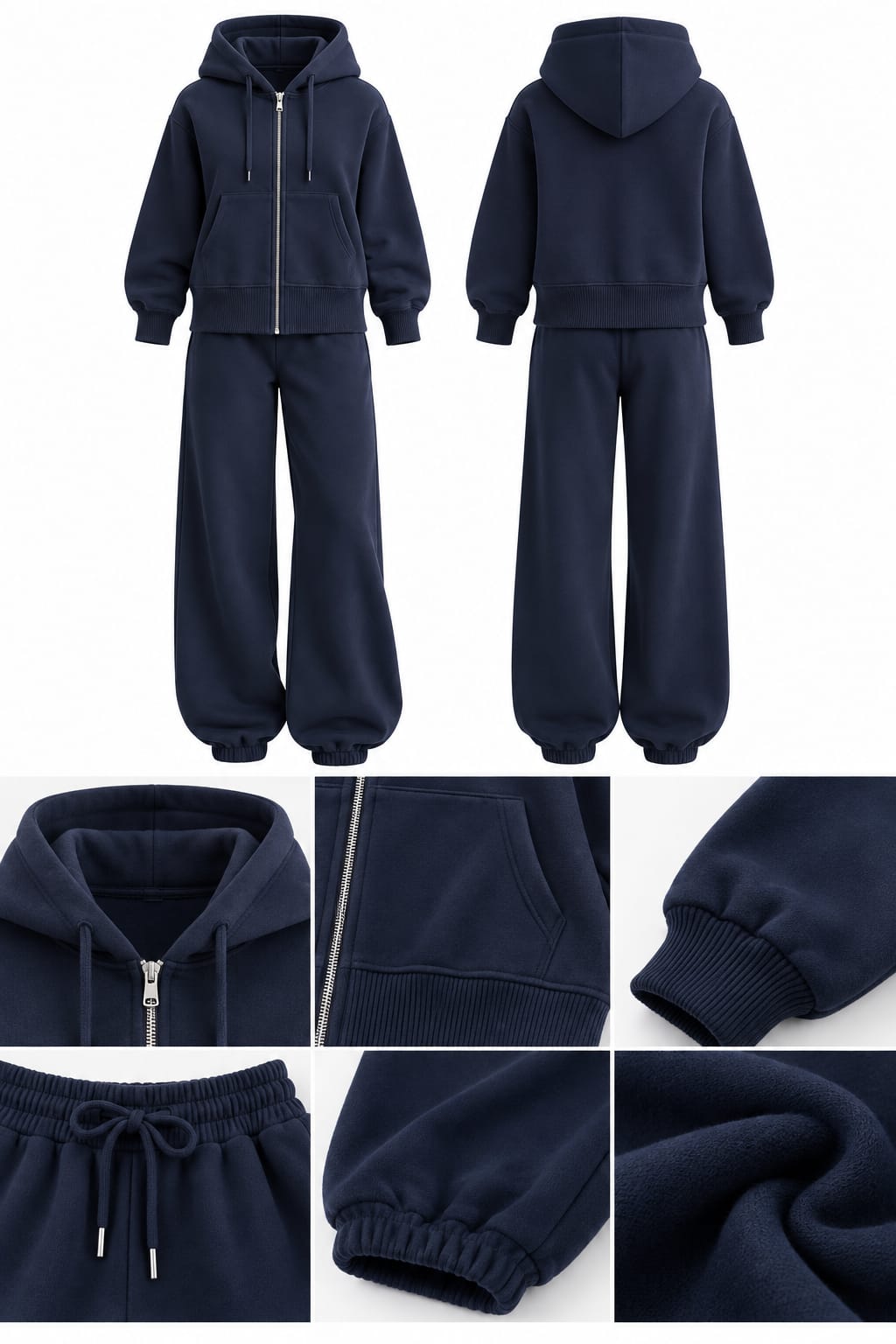 Navy Blue 3-Thread Brushed Sweatshirt Set – Women