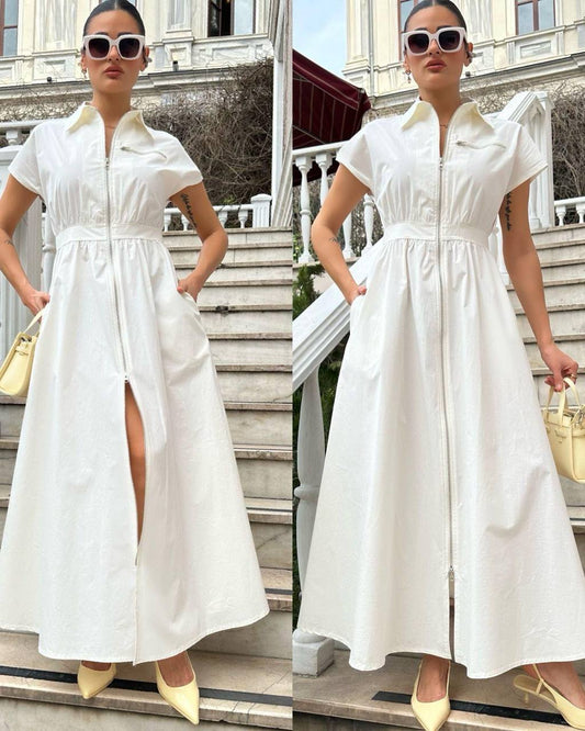 #beyaz #elbise #fermuar #kadınmoda #minimalstil #şıkkombin #trend #stil #günlükelbise #zarif