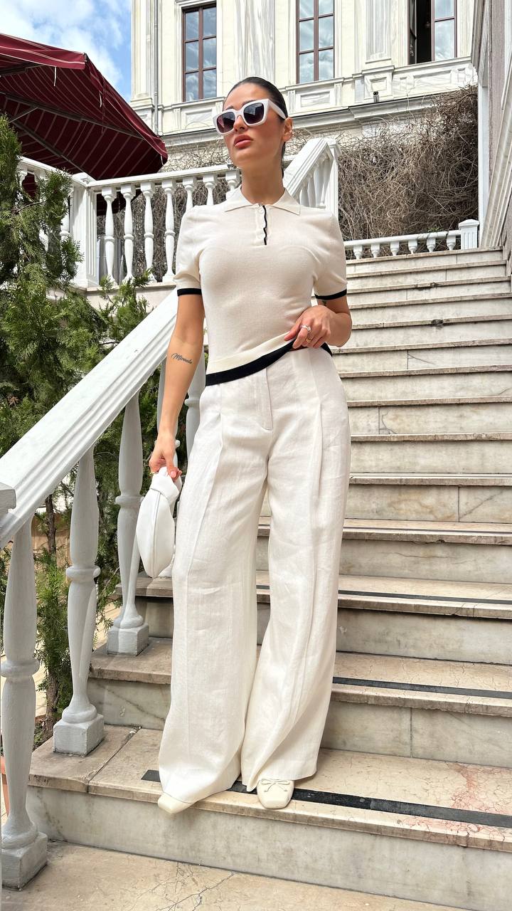 Beyaz Polo Yaka Garnili Triko Tişört Kadın
