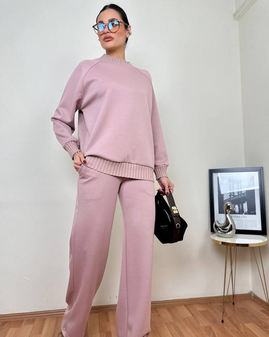 Bisiklet Yaka Modal Kumaş Pudra Renk İkili Kadın Takım