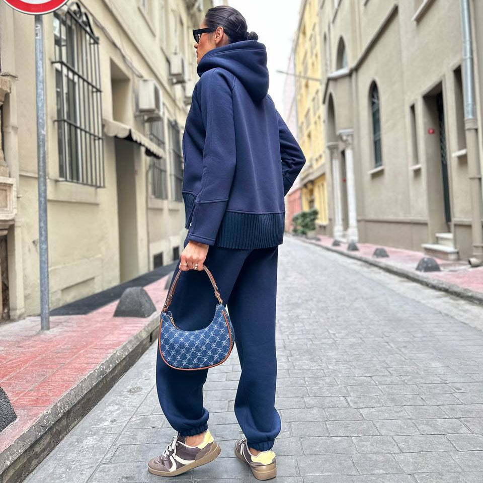 Navy Blue 3-Thread Brushed Sweatshirt Set – Women