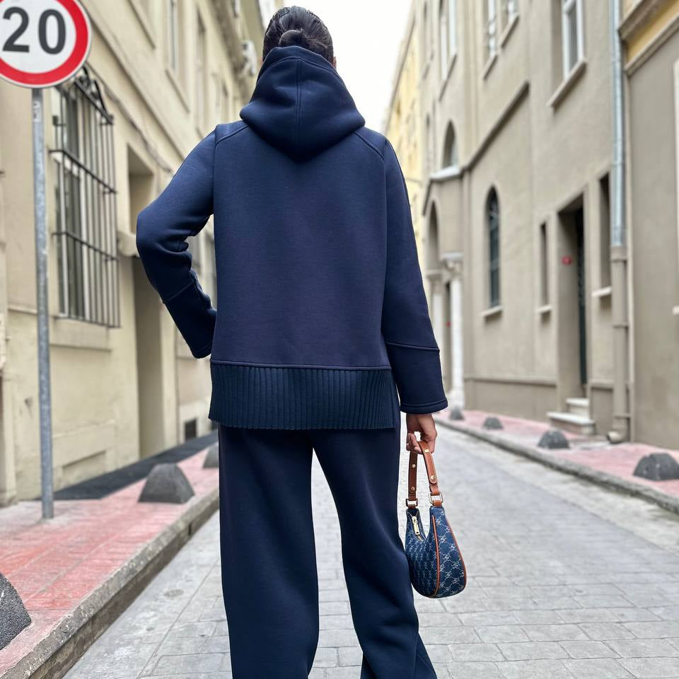 Navy Blue 3-Thread Brushed Sweatshirt Set – Women