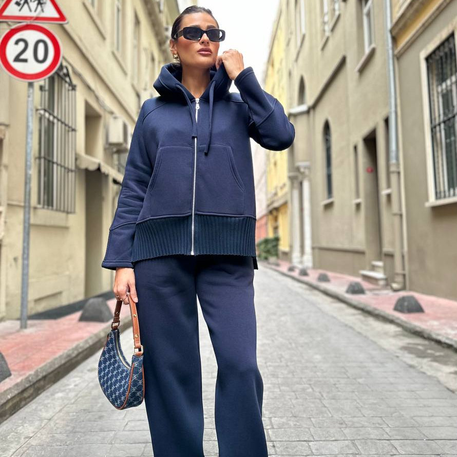 Navy Blue 3-Thread Brushed Sweatshirt Set – Women