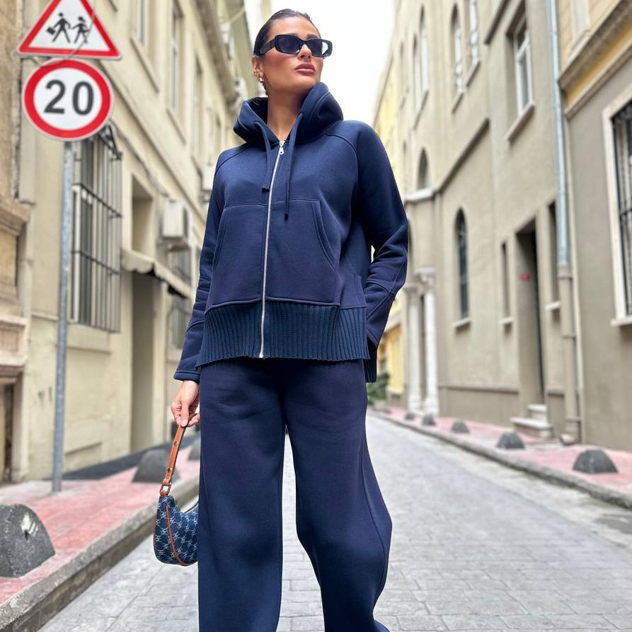 Navy Blue 3-Thread Brushed Sweatshirt Set – Women