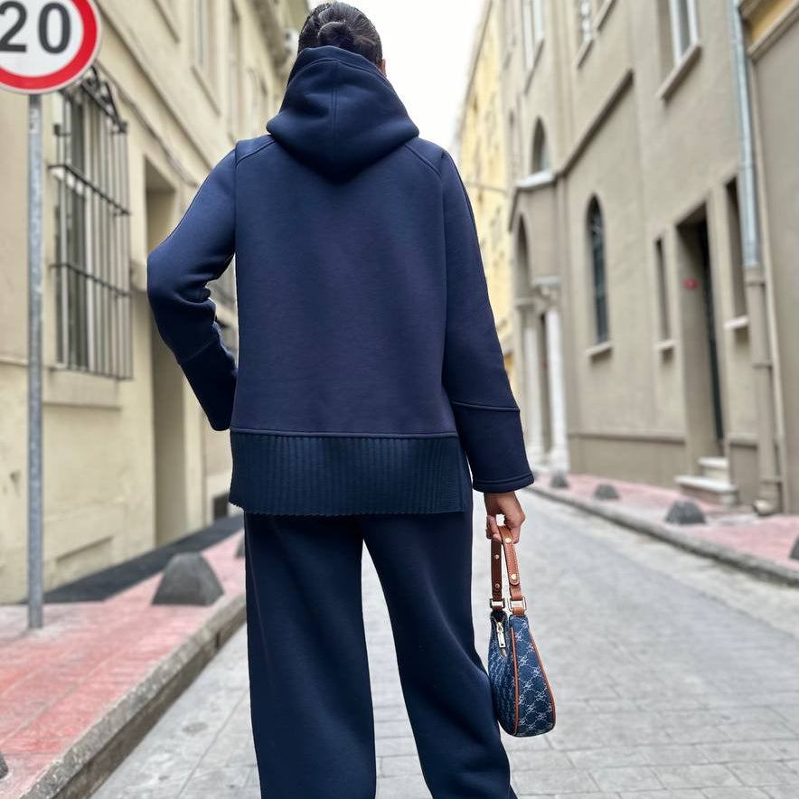 Navy Blue 3-Thread Brushed Sweatshirt Set – Women