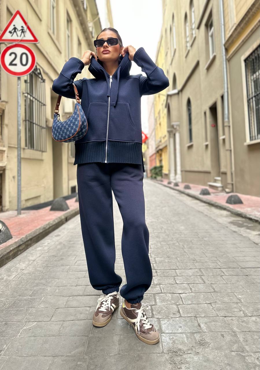 Navy Blue 3-Thread Brushed Sweatshirt Set – Women