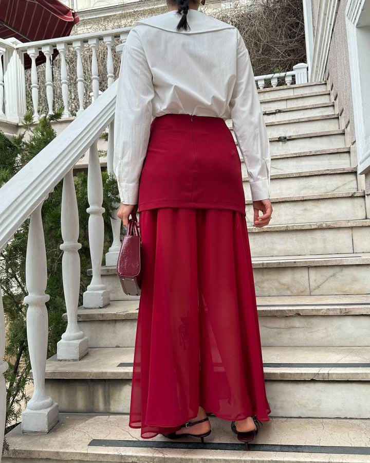 Bordo Transparan Detaylı Kısa Kadın Etek
