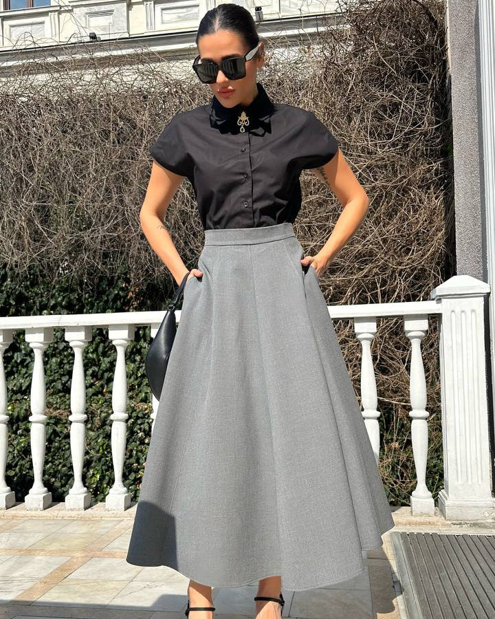 Çift Cep Maxi Boy Poliviscon Etek – Gri
