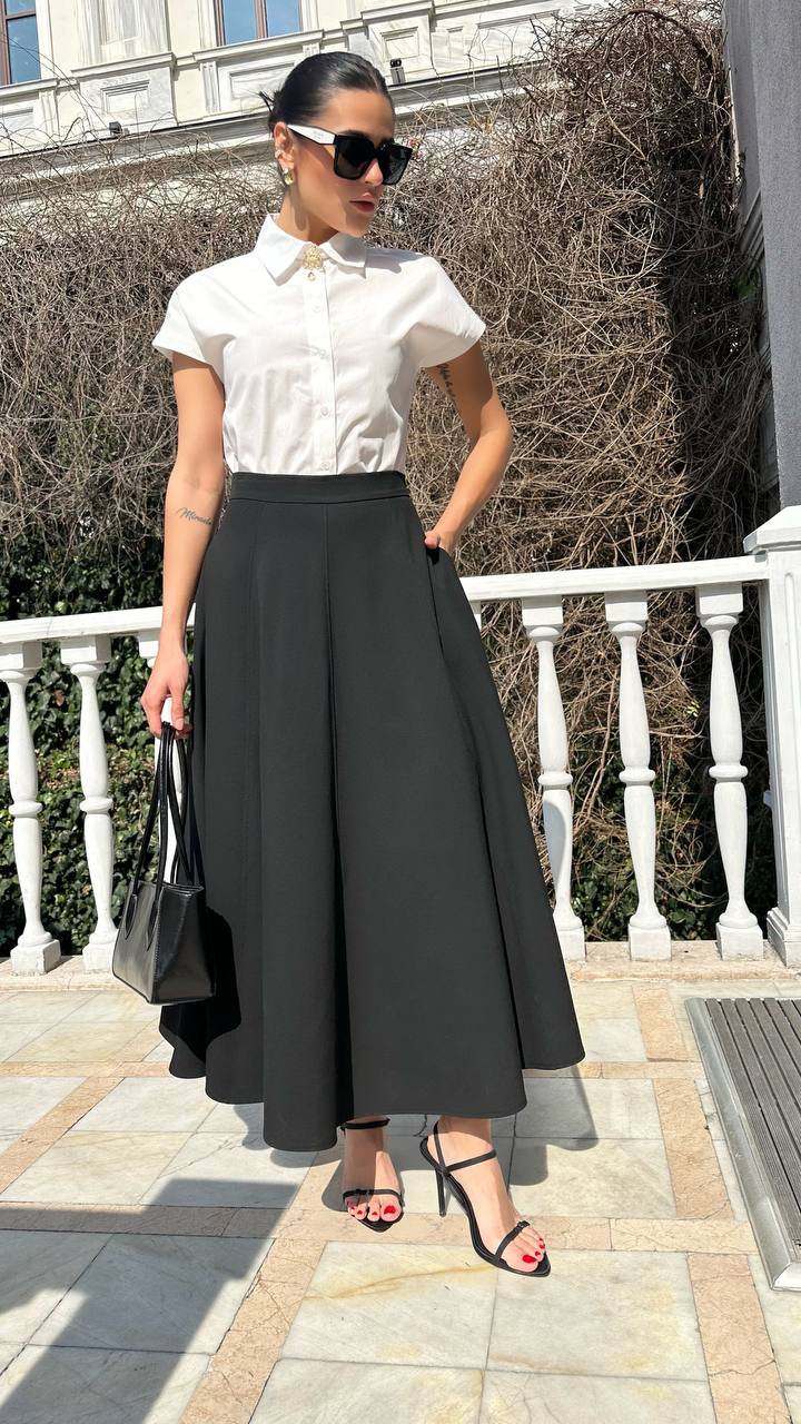 Çift Cep Maxi Boy Poliviscon Etek – Siyah