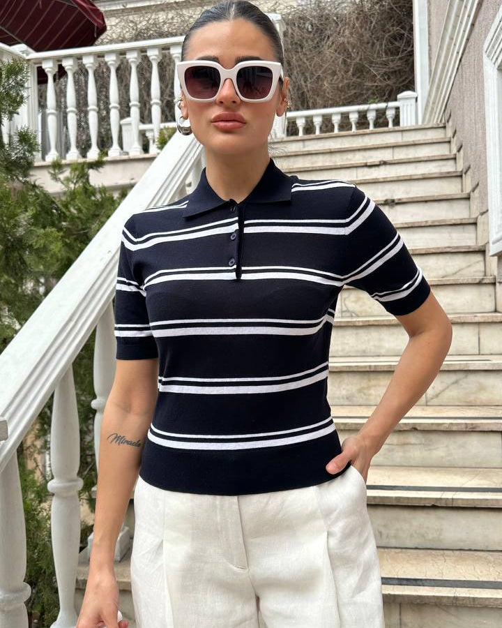 Siyah Beyaz Çizgili Polo Yaka Garnili Triko Tişört Kadın