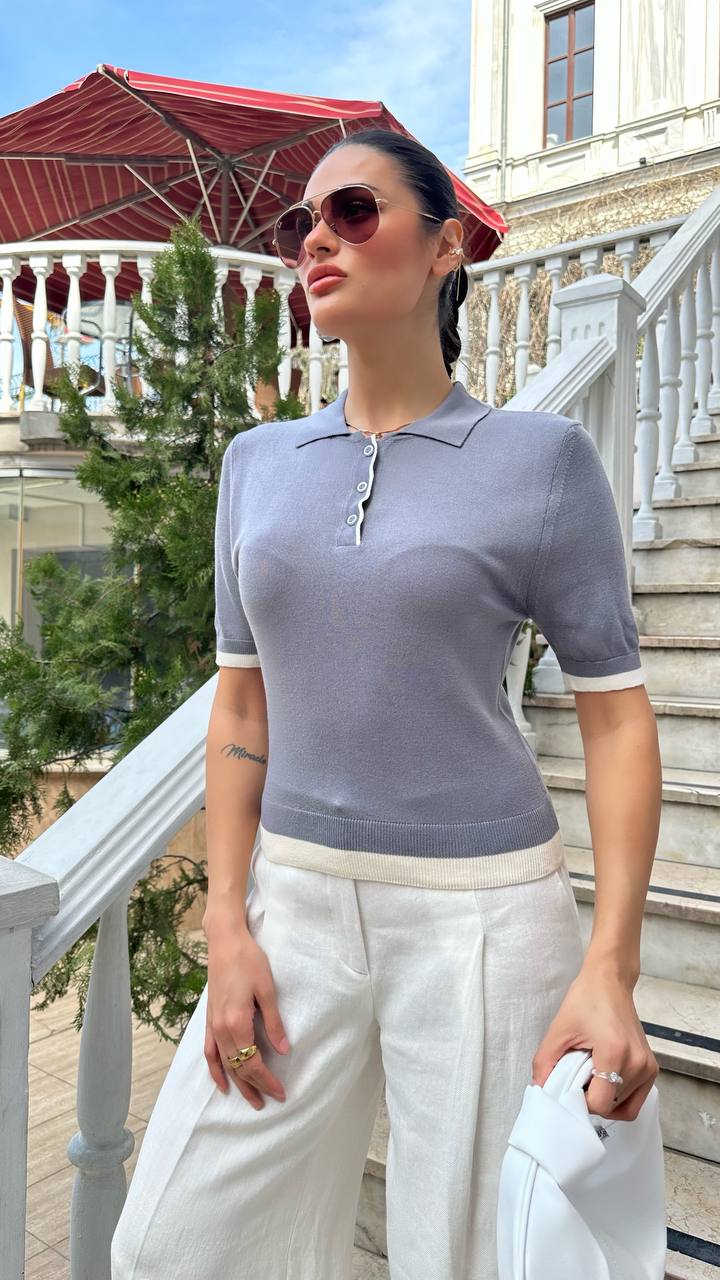 Gri Polo Yaka Garnili Triko Tişört Kadın
