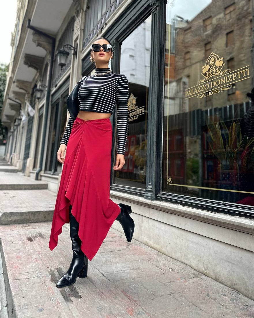 Bordo Fırfır Detaylı Kadın Etek