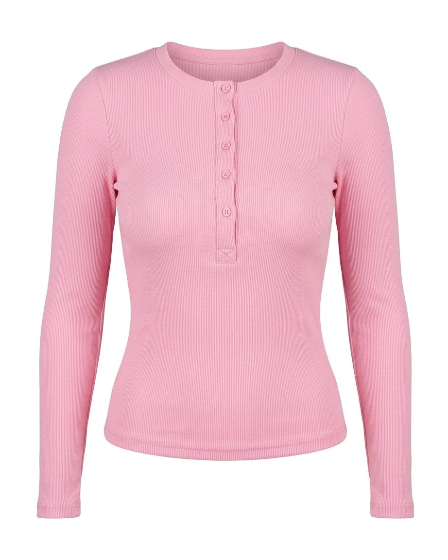 Pink Cotton Ribbed Crew Neck Women's Blouse